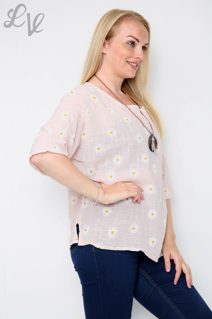 Dames top met ditsy madeliefjesprint en ketting, oudroze, stukprijs €8,99