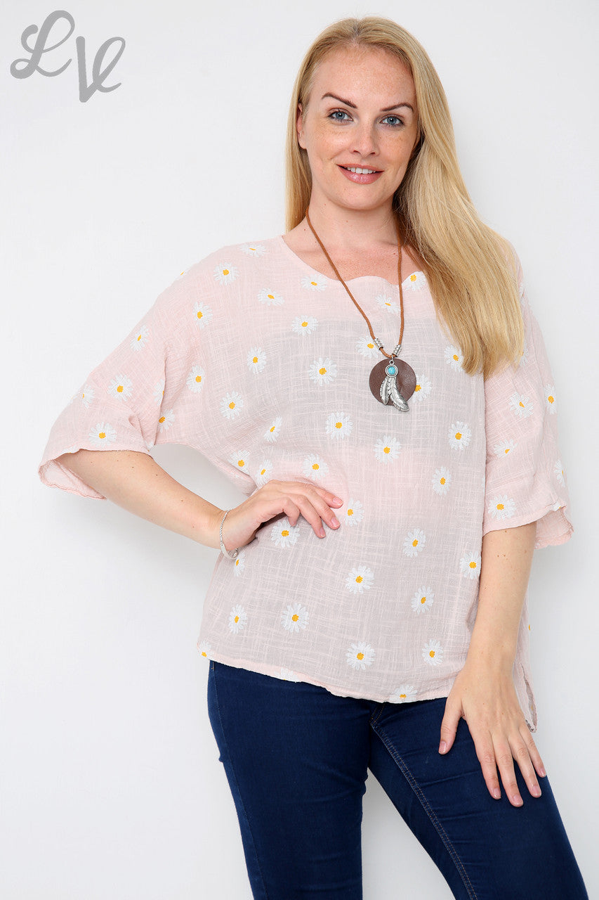 Dames top met ditsy madeliefjesprint en ketting, oudroze, stukprijs €8,99