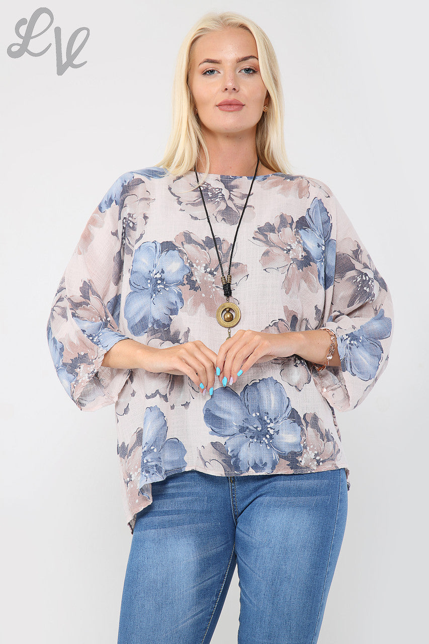 Ladies Flower Print Top With Necklace Dusty Pink - Unit Price £9.99