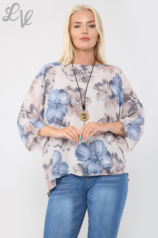 Ladies Flower Print Top With Necklace Dusty Pink - Unit Price £9.99