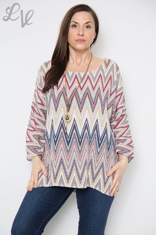 Ladies Zig Zag Print Top With Necklace Dusty Pink Unit Price £8.99