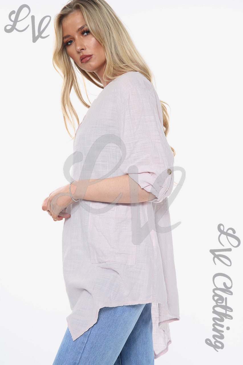 Dames effen top met gedrapeerde zoom stoffig roze per stuk € 9,99