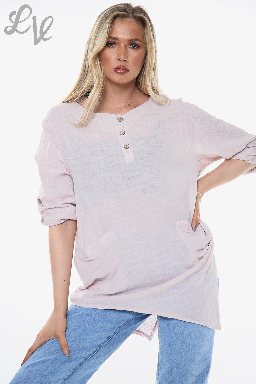 Dames effen top met gedrapeerde zoom stoffig roze per stuk € 9,99