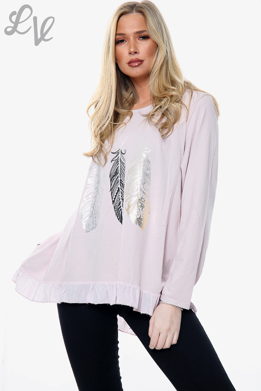 Ladies Feather Print Graphic Top Dusty Pink Unit Price WAS £10.99 NOW £5.49