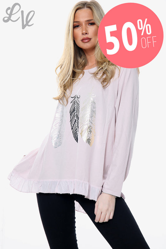 Ladies Feather Print Graphic Top Dusty Pink Unit Price WAS £10.99 NOW £5.49