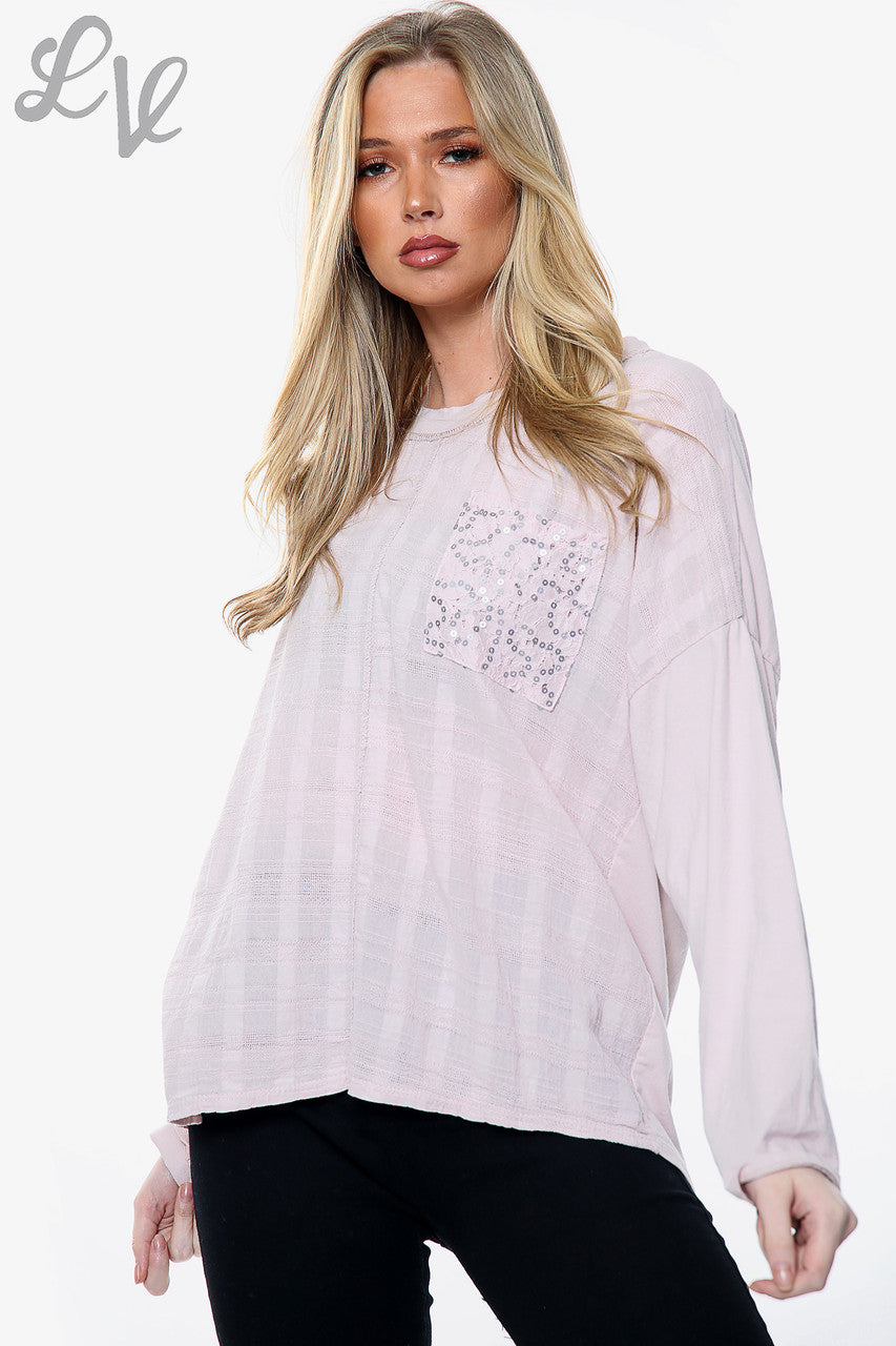 Ladies Sequin Embroidered Pocket Top Dusty Pink Unit Price WAS £10.99 NOW £5.49