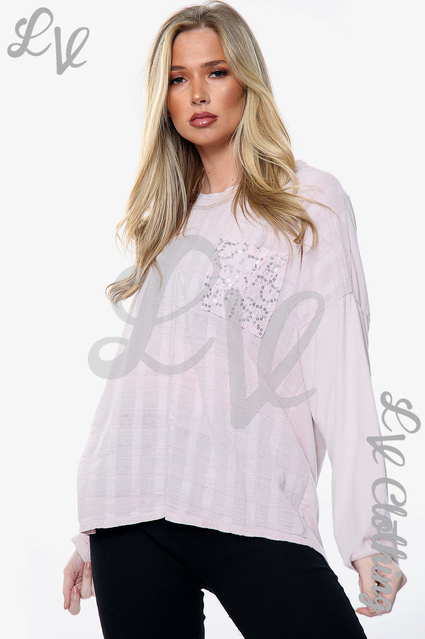 Ladies Sequin Embroidered Pocket Top Dusty Pink Unit Price WAS £10.99 NOW £5.49