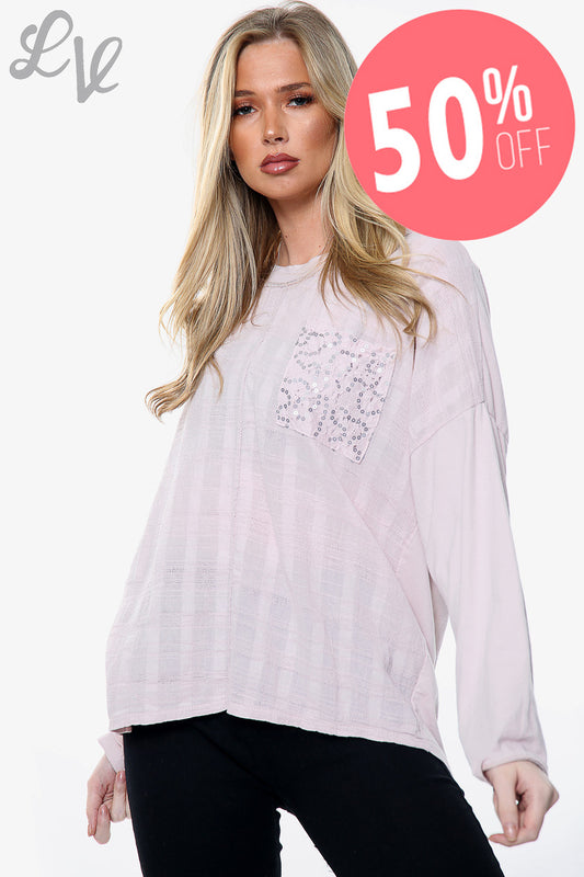 Ladies Sequin Embroidered Pocket Top Dusty Pink Unit Price WAS £10.99 NOW £5.49