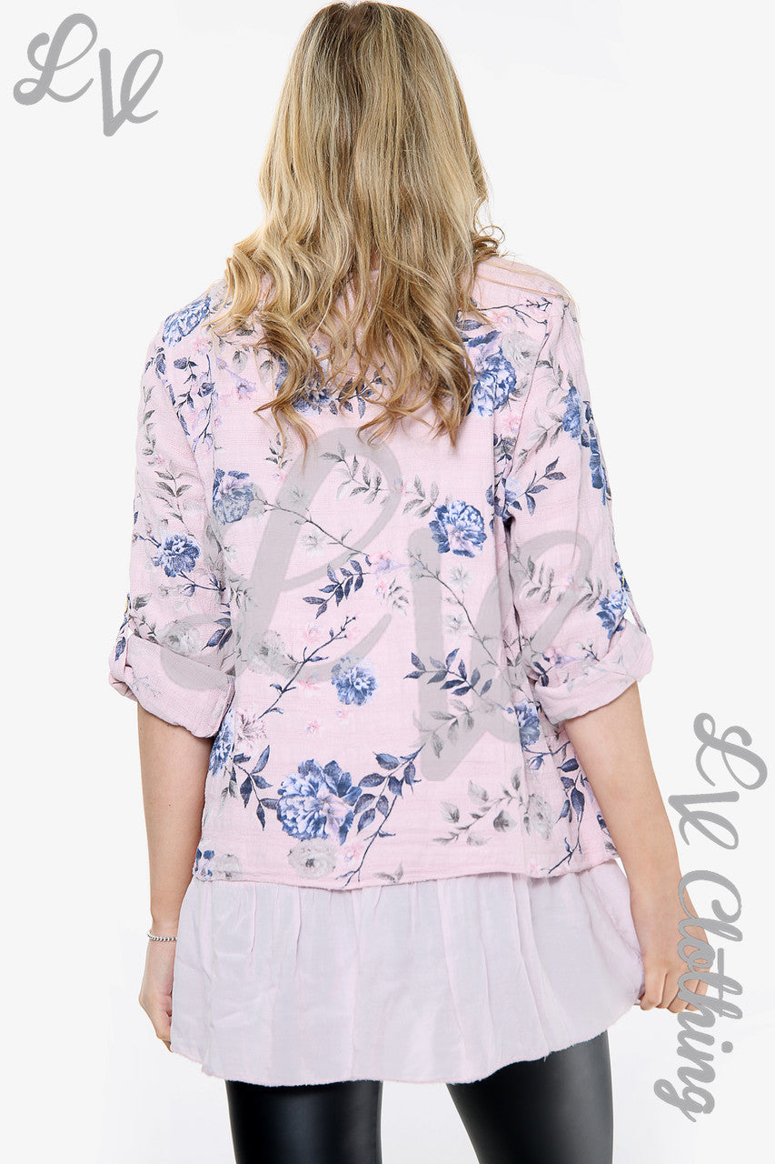 Ladies Floral Print Top With Frill Bottom Dusty Pink Unit Price £13.99