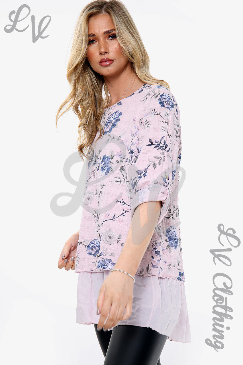 Ladies Floral Print Top With Frill Bottom Dusty Pink Unit Price £13.99