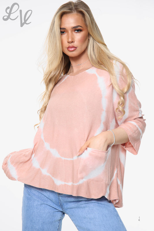 Ladies Tie Dye Print Fine Knit Top Dusty Pink Unit Price £14.99