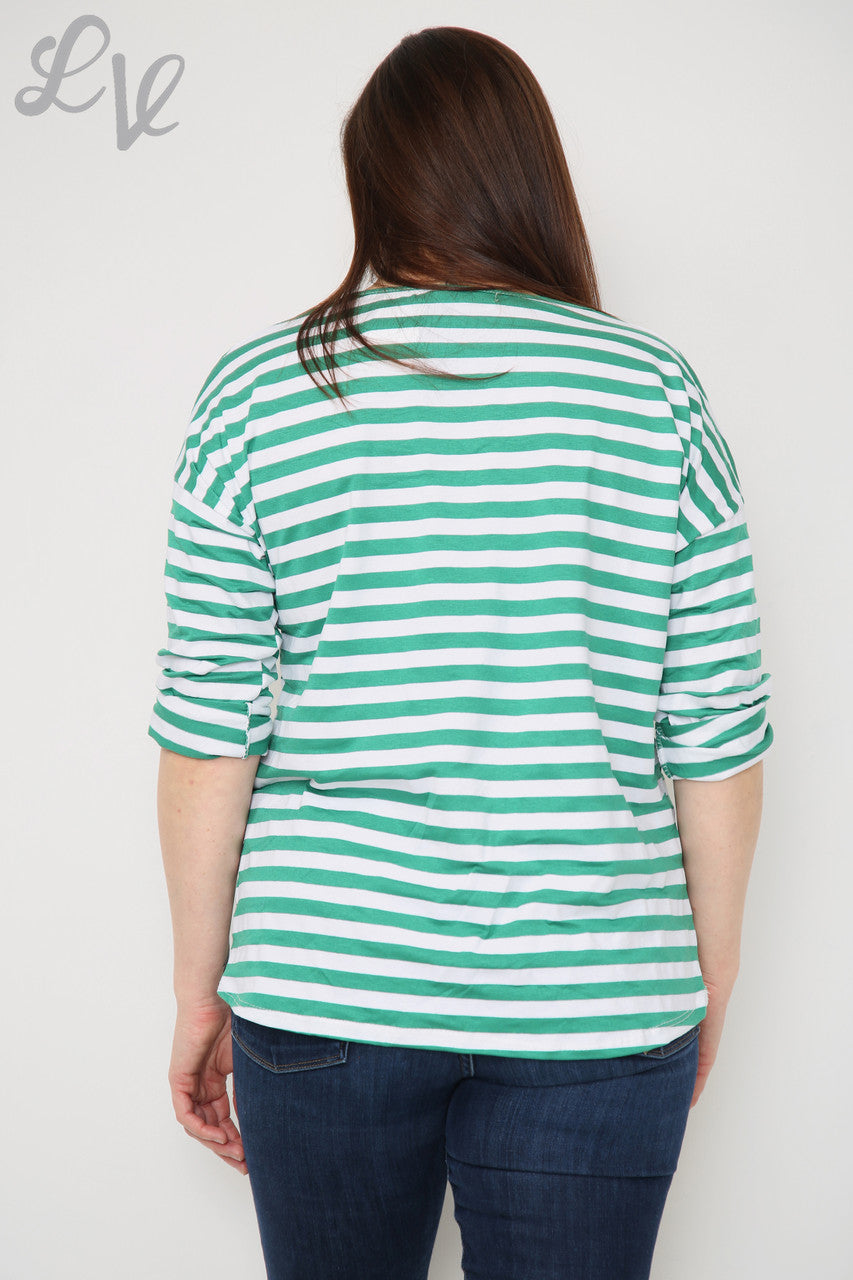 Ladies Stripe Roll Sleeve Top Green Unit Price £4.99