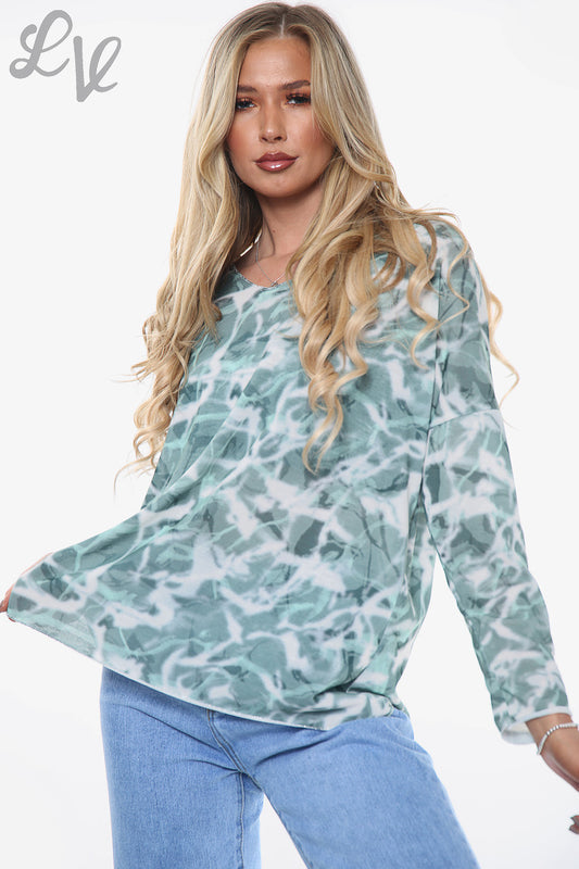 Ladies Marble Effect Print Top Green Unit Price WAS £9.99 NOW £7.49