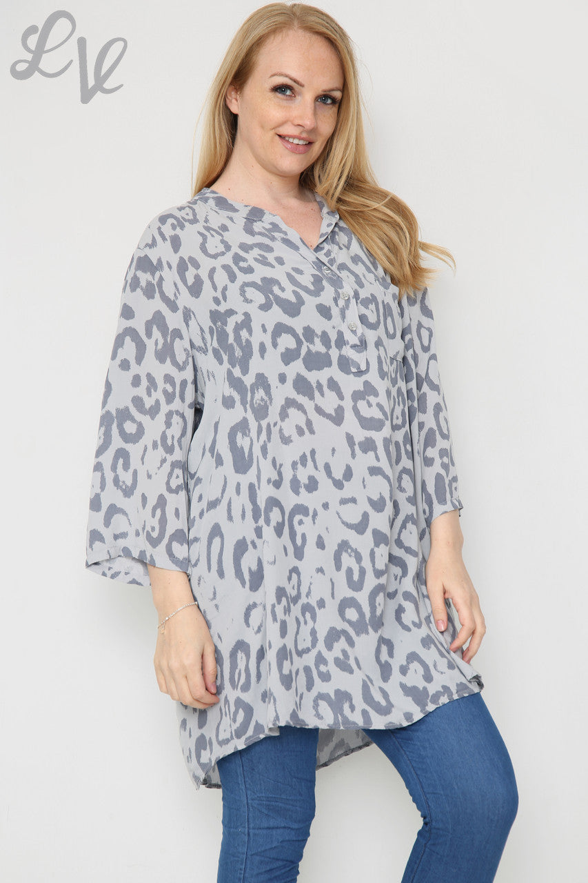 Dames Blouse met dierenprint en langere lengte Grijs Eenheidsprijs €8,99