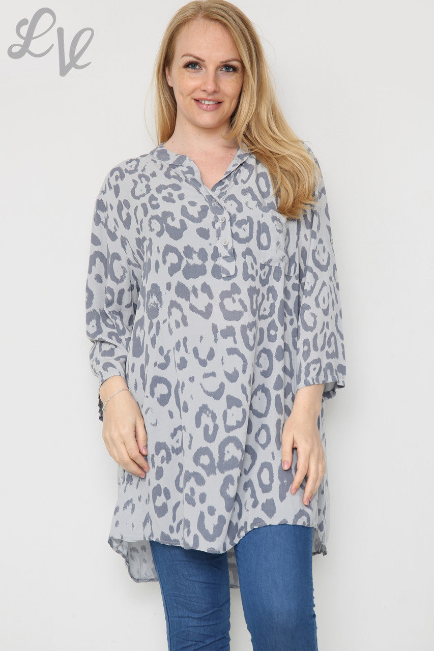 Dames Blouse met dierenprint en langere lengte Grijs Eenheidsprijs €8,99