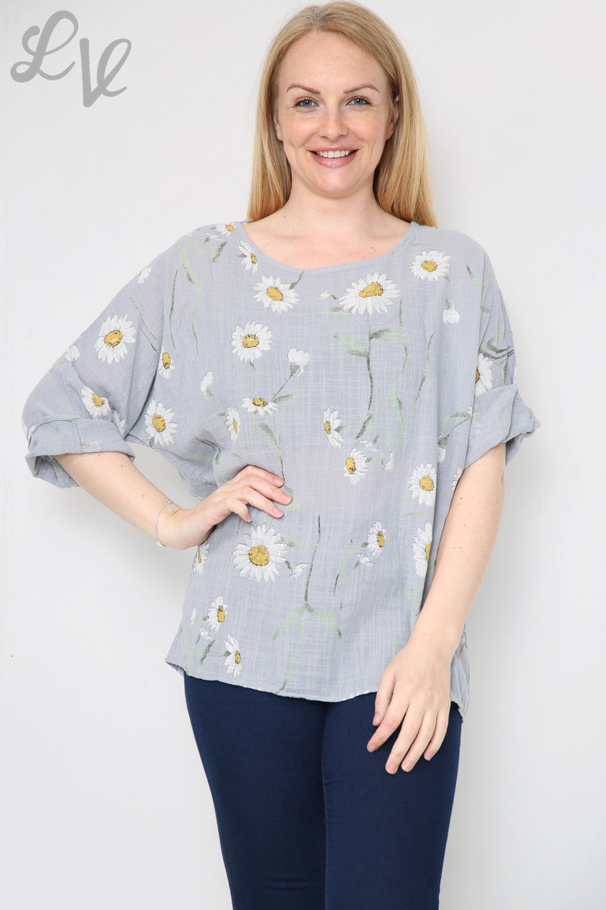 Dames Daisy Bloemenprint Top Grijs - Prijs per stuk € 8,99