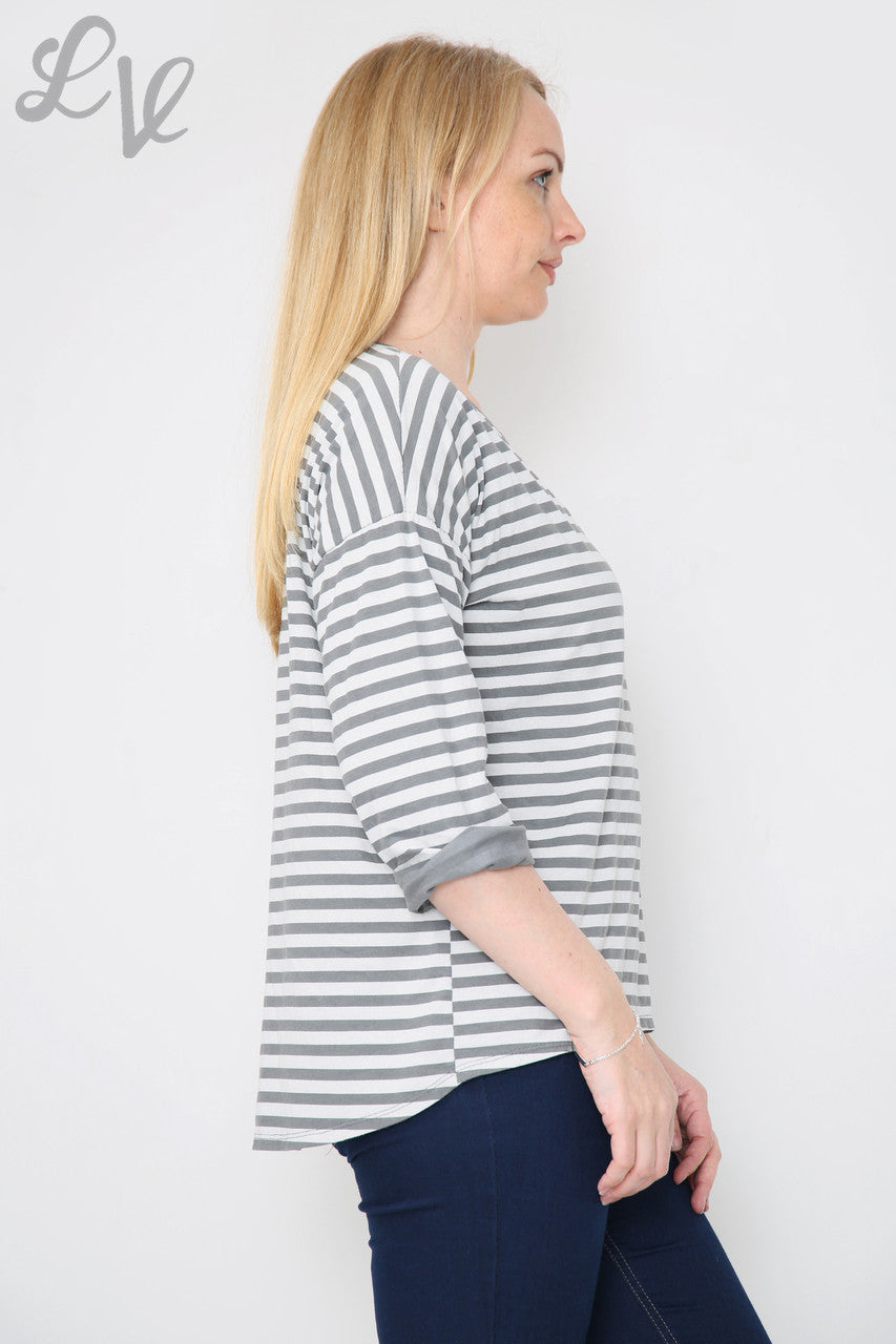 Ladies Striped Roll Sleeve Top Grey Unit Price £8.99