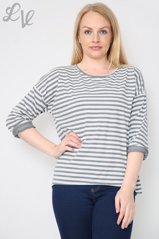 Ladies Striped Roll Sleeve Top Grey Unit Price £8.99