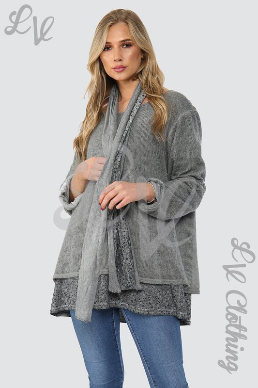Grey floral print under-layer jumper with matching scarf, long sleeves and relaxed fit