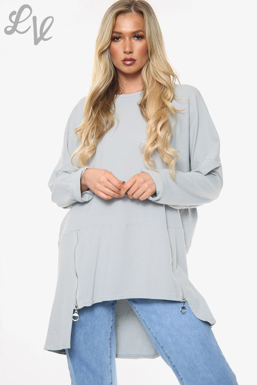 Dames effen sweatshirt met ritsdetails grijs per stuk £ 12,99