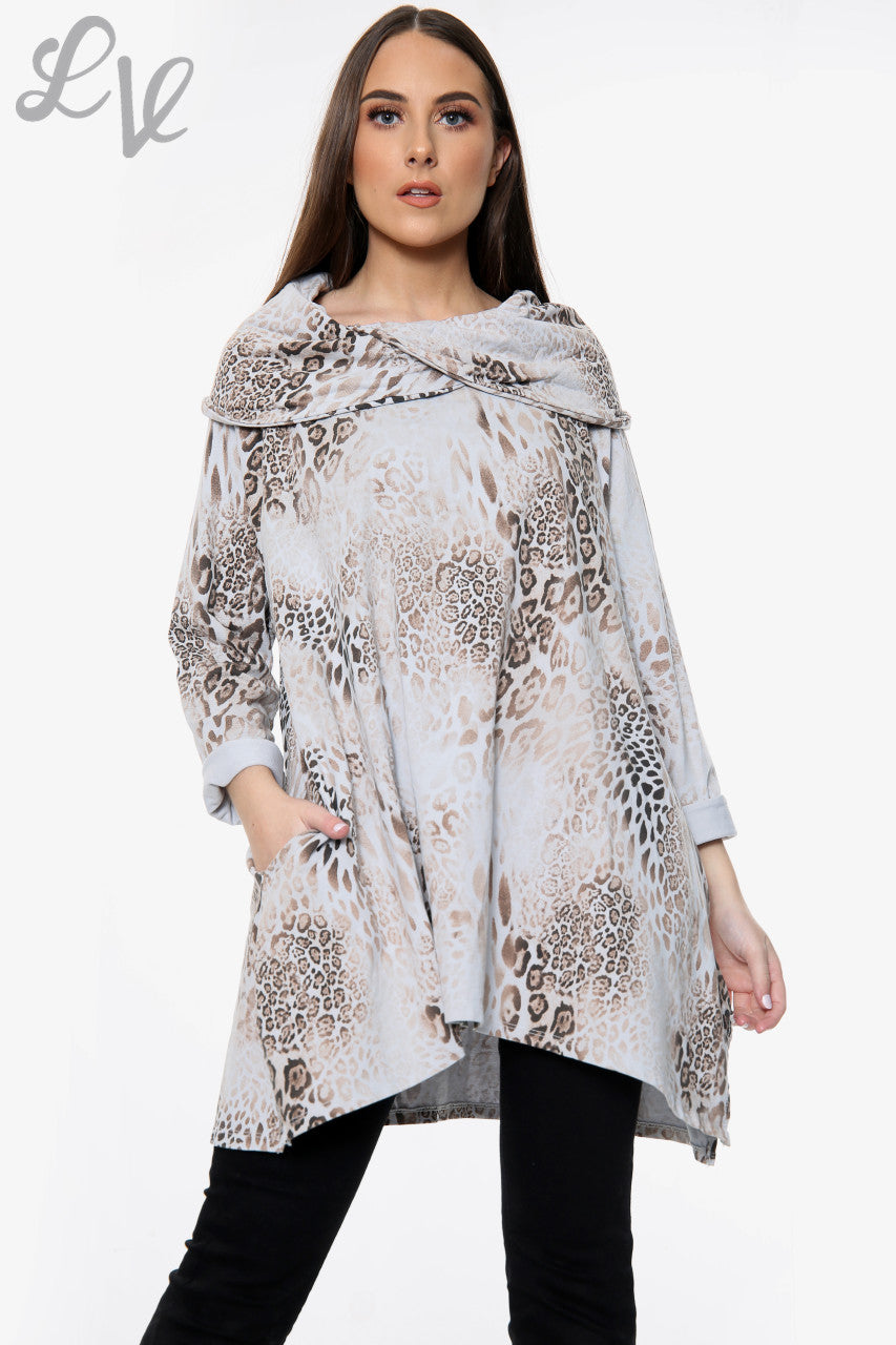 Dames Sweatshirt met Dierenprint en Gedrapeerde Schouder Grijs Stukprijs €13,99