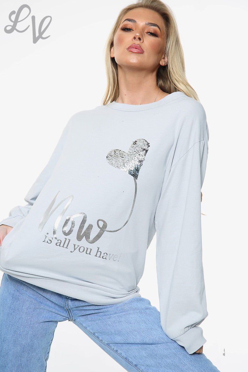 Dames 'Now Is All You Have' Folie Graphic Top Grijs Prijs WAS € 14,99 NU € 7,49