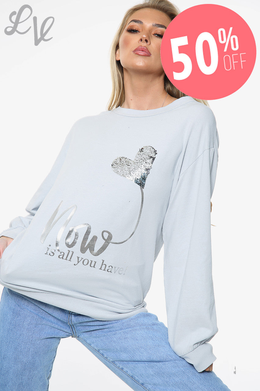 Dames 'Now Is All You Have' Folie Graphic Top Grijs Prijs WAS € 14,99 NU € 7,49
