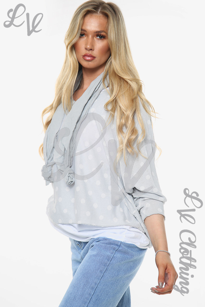 Dames Polkadot Print Twee Laags Top Met Sjaal Grijs Prijs WAS € 13,99 NU € 6,99
