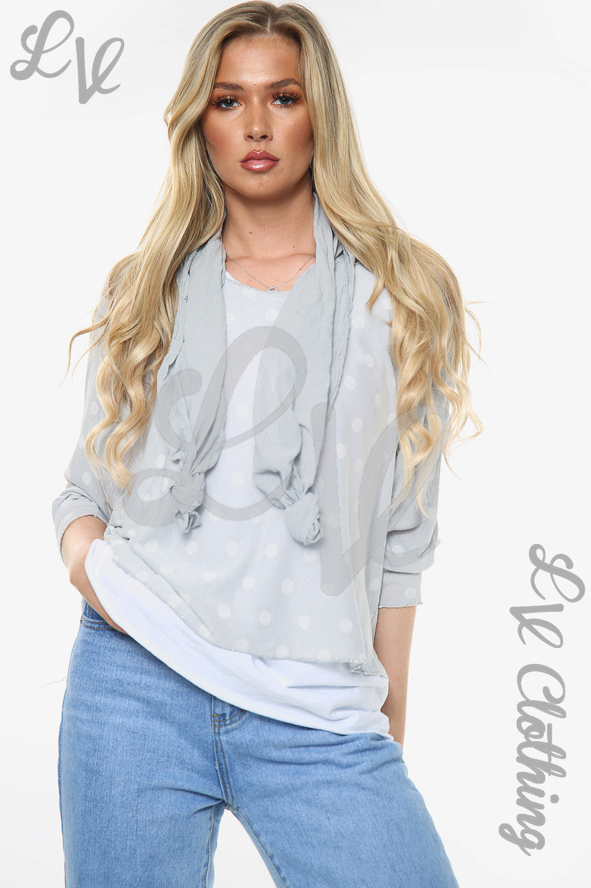 Dames Polkadot Print Twee Laags Top Met Sjaal Grijs Prijs WAS € 13,99 NU € 6,99