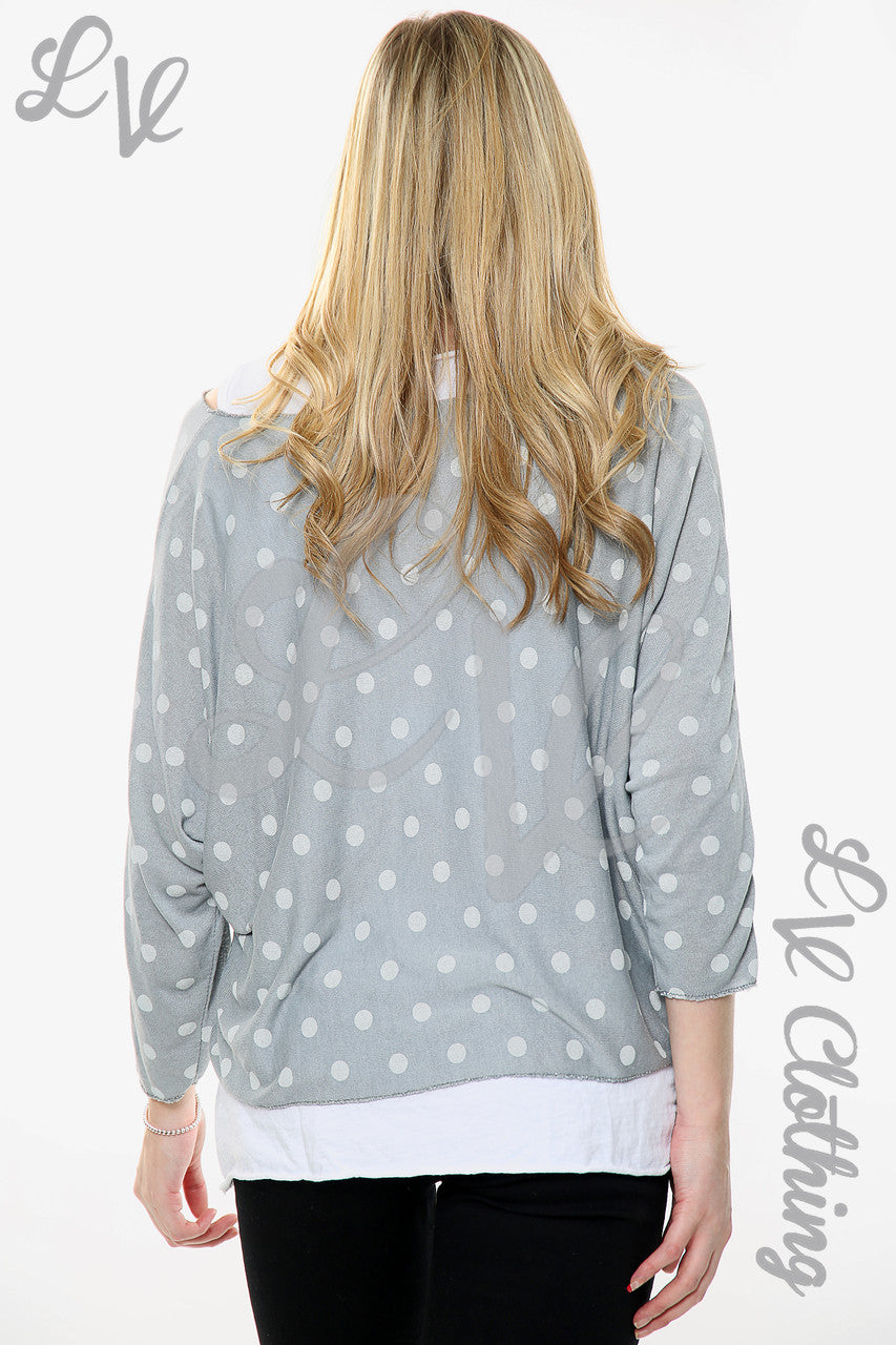 Ladies Polka Dot Print 2 Layer Top With Necklace Grey Unit Price WAS £13.99 NOW £6.99