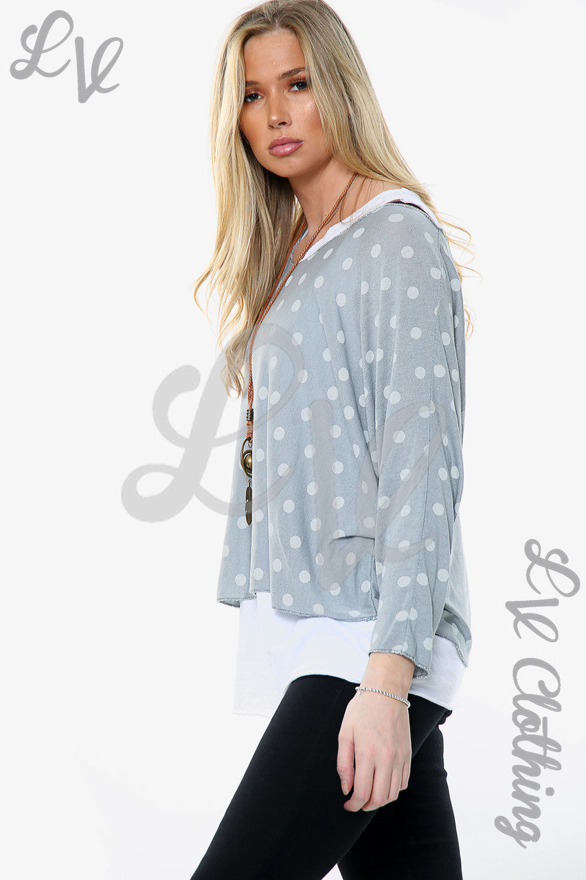 Ladies Polka Dot Print 2 Layer Top With Necklace Grey Unit Price WAS £13.99 NOW £6.99