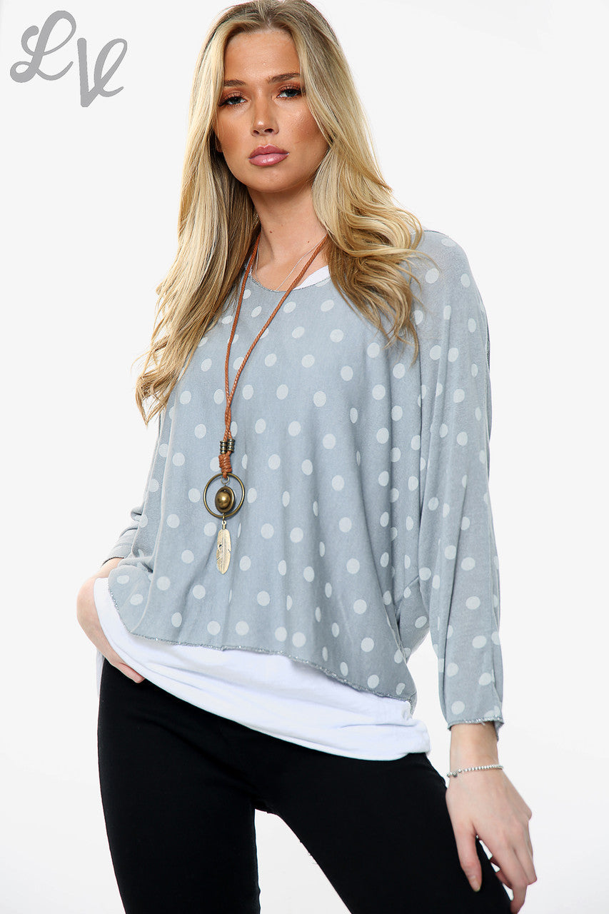 Ladies Polka Dot Print 2 Layer Top With Necklace Grey Unit Price WAS £13.99 NOW £6.99