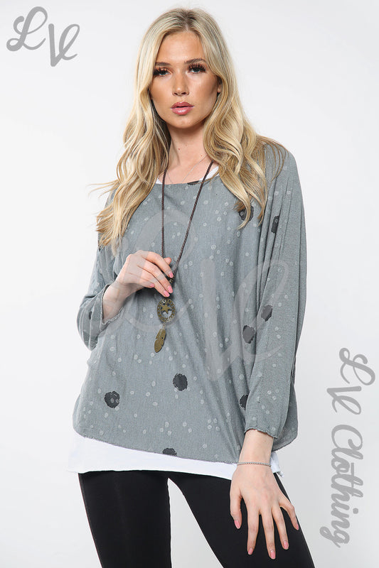 Grey spot print twin-layer top with necklace, long sleeves and curved hem