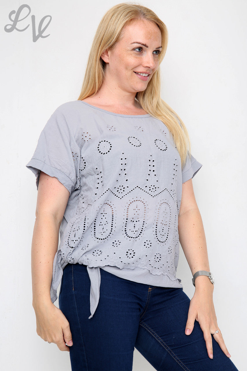 Ladies Anglaise Tie Side Top Grey - Unit Price £10.99
