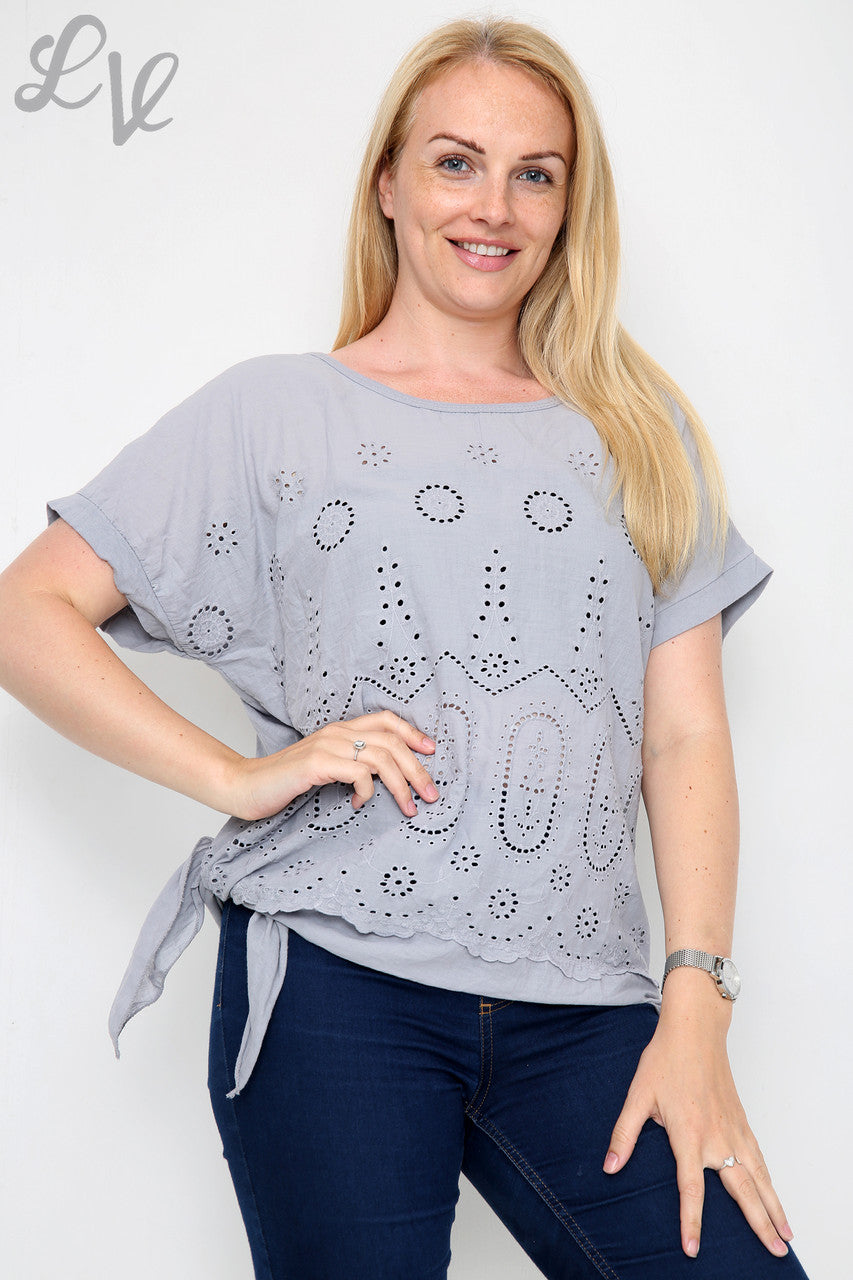 Ladies Anglaise Tie Side Top Grey - Unit Price £10.99