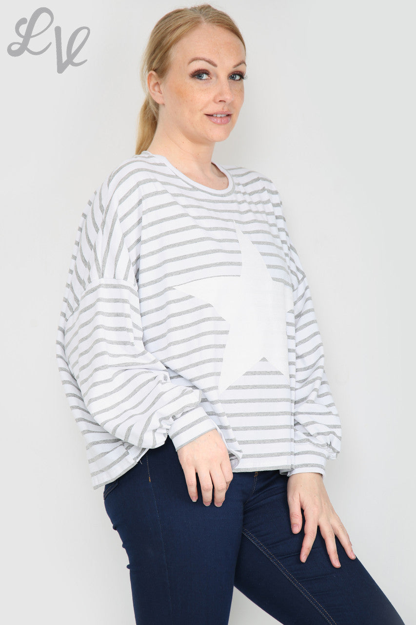Dames gestreepte top met lange mouwen en sterrenmotief, grijs, eenheidsprijs €9,99