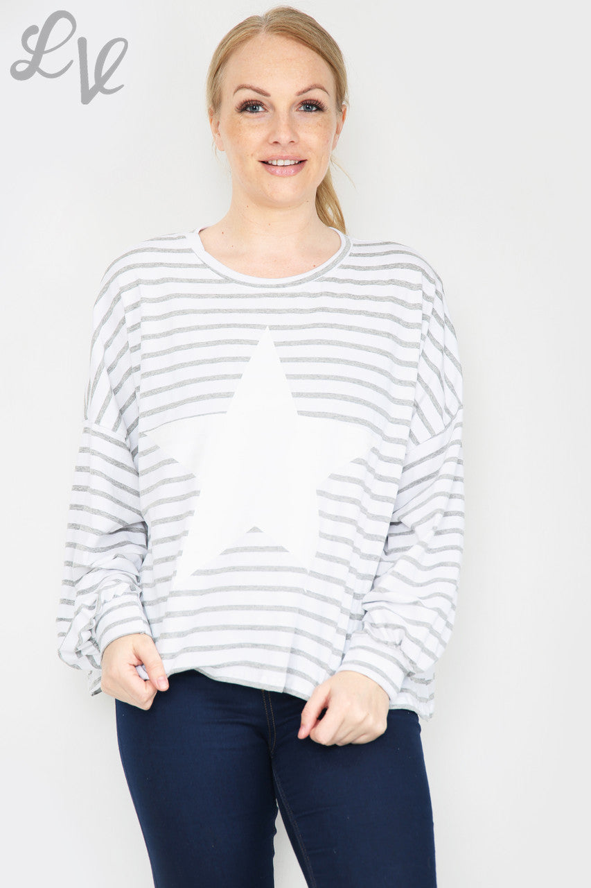 Dames gestreepte top met lange mouwen en sterrenmotief, grijs, eenheidsprijs €9,99