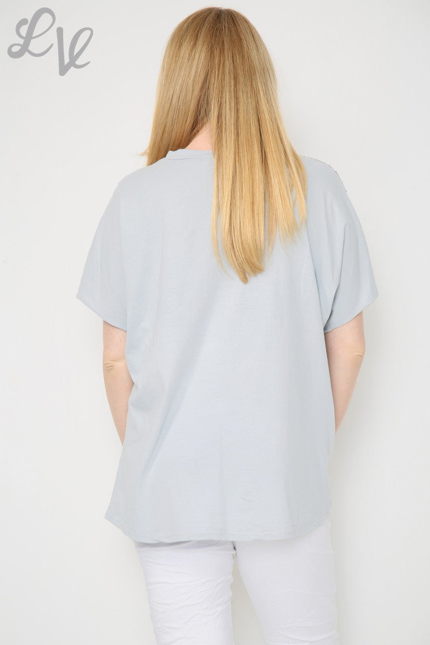 Dames pailletten Love Heart & schoudertop grijs Stukprijs € 10,99