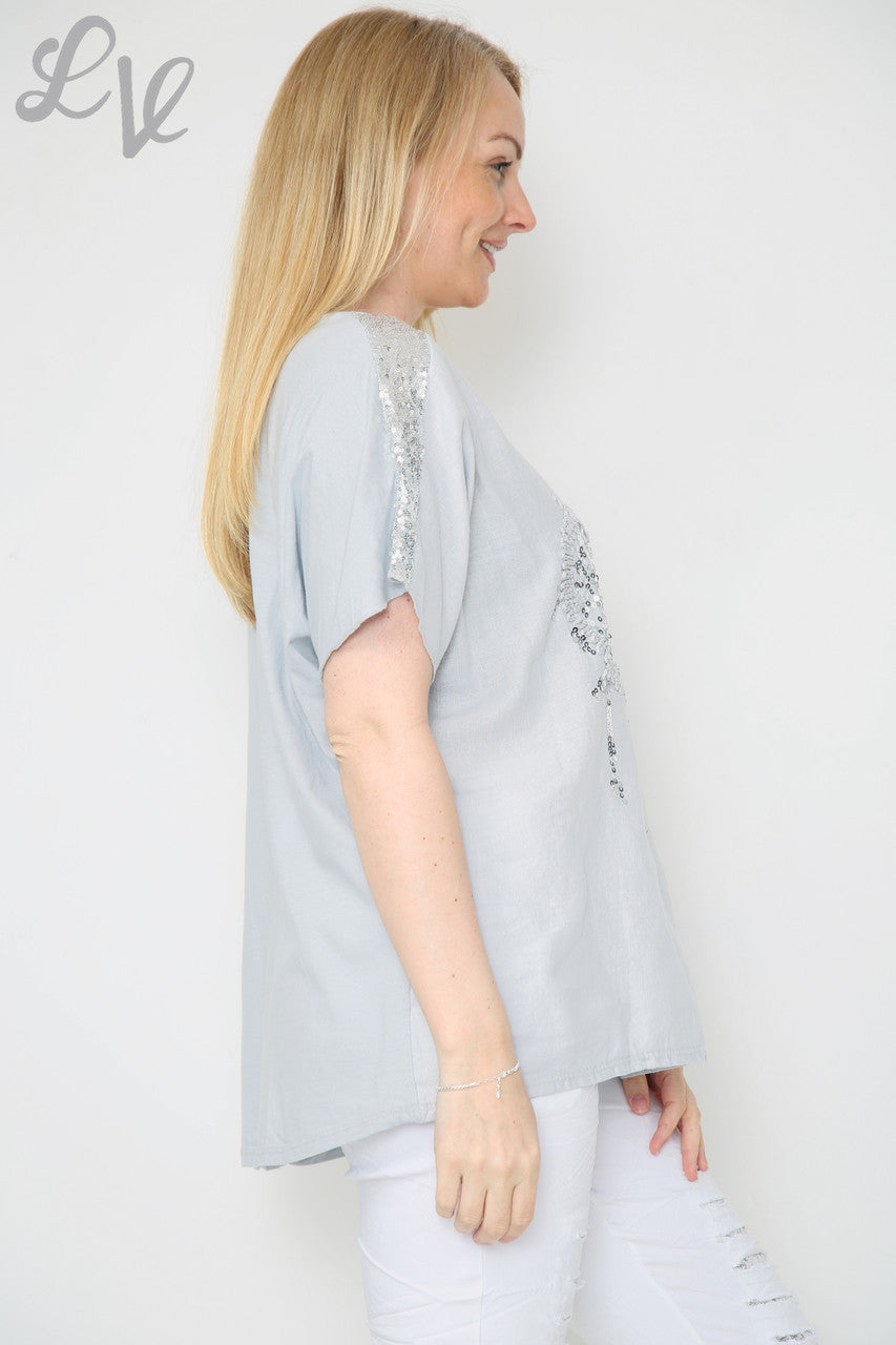Dames pailletten Love Heart & schoudertop grijs Stukprijs € 10,99