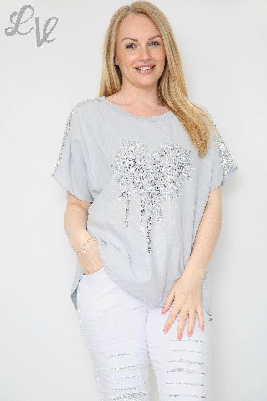 Dames pailletten Love Heart & schoudertop grijs Stukprijs € 10,99