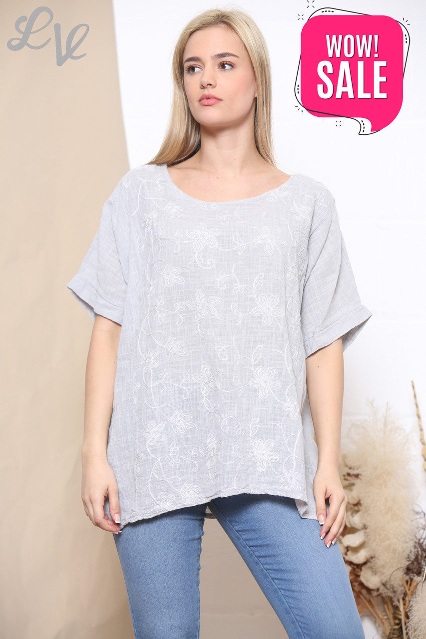 Ladies Embroidered Flower Short Sleeved Top Grey