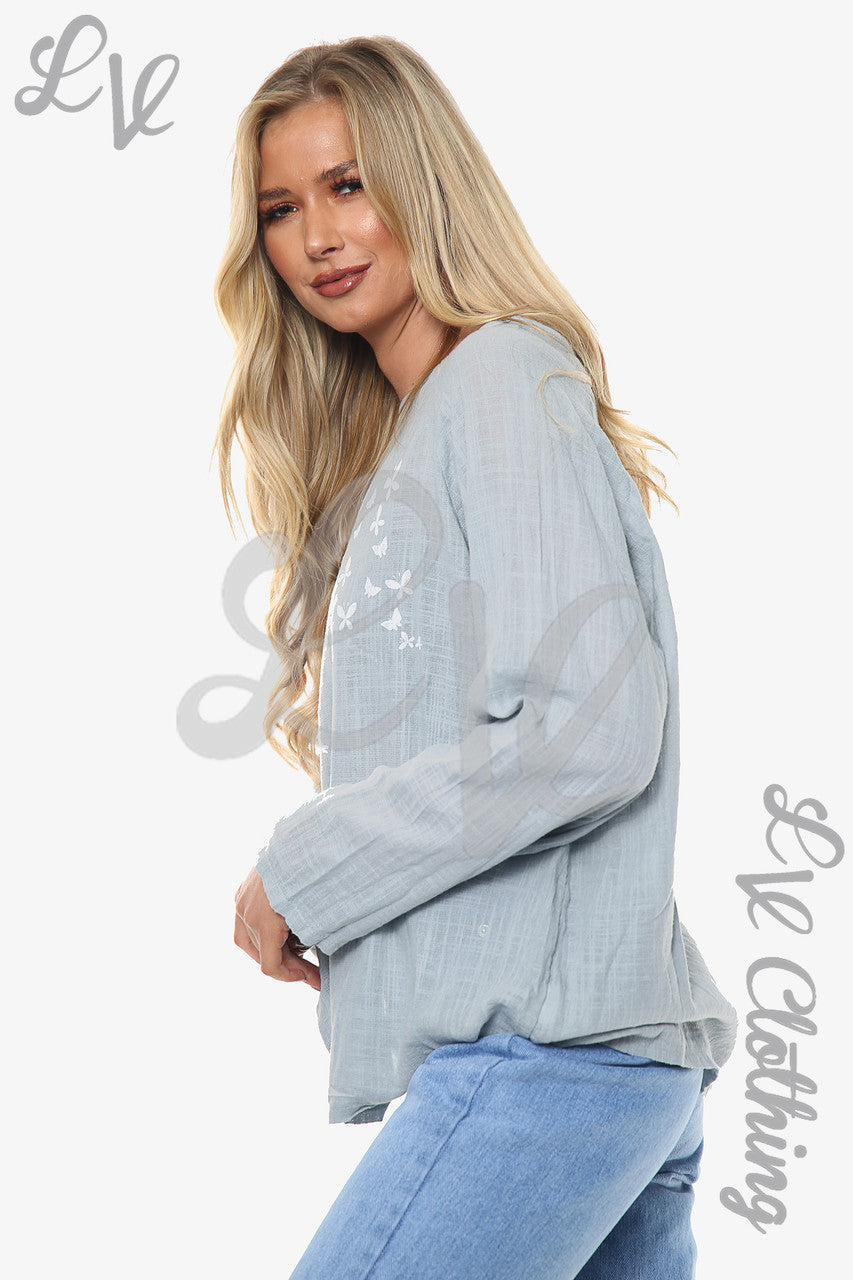 Dames paardenbloem top met lange mouwen, grijs Stukprijs € 10,99