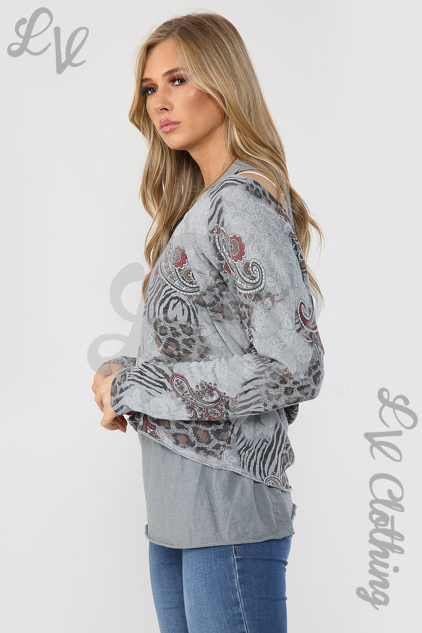 Dames Mix Print 2-Laagse Top Grijs - Stukprijs €12,99