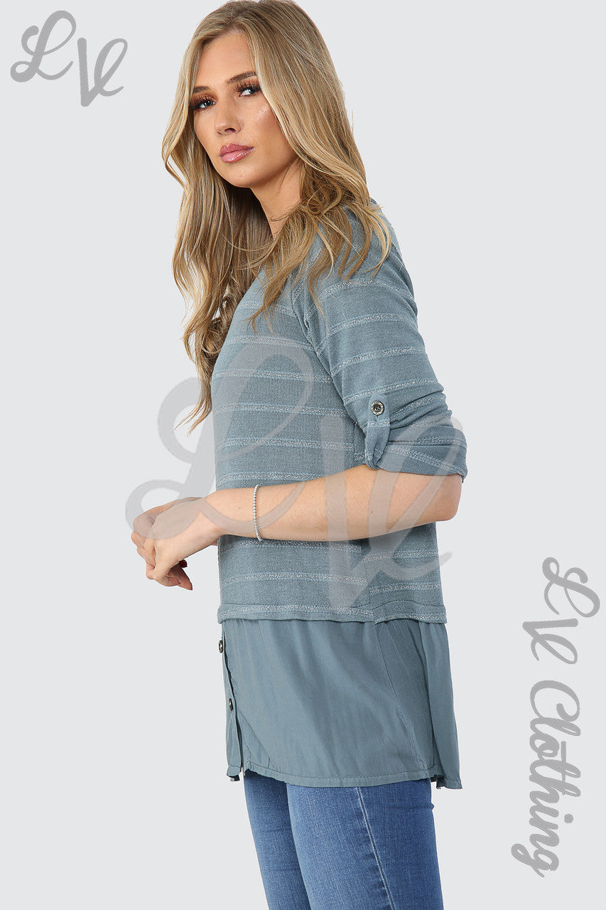 Dames Lurex Streep Top Met Knoopdetail Grijs - Stukprijs € 12,99