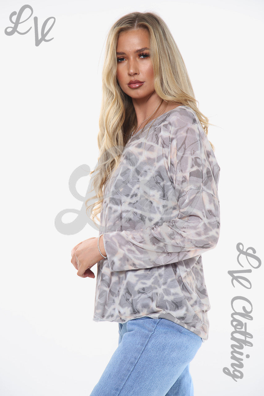 Dames top met marmerlookprint grijs Stukprijs € 8,99