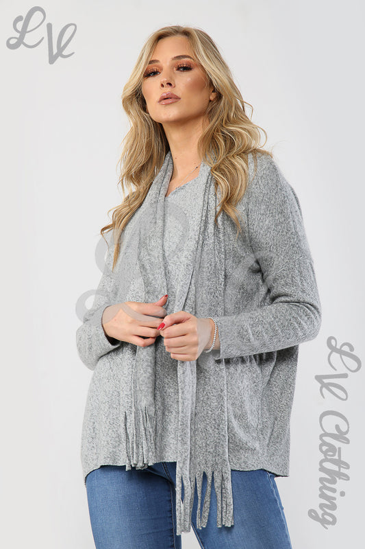 Grey marl ladies jumper with attached scarf, long sleeves and fringe hem