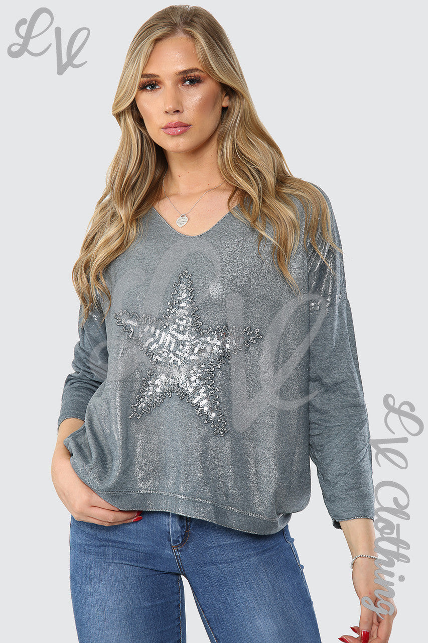 Ladies Shimmer Silver Star Embroidered Top Grey - Unit Price £11.99