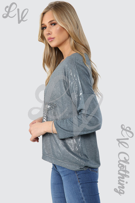 Grey long-sleeve top with round neck and silver star sequin embroidery