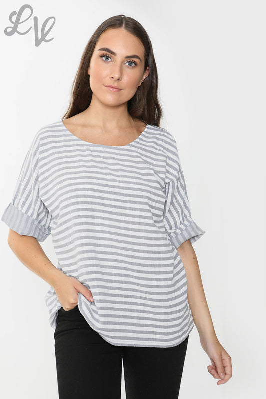 Ladies Small Stripe Top Silver Grey - Unit Price £9.99