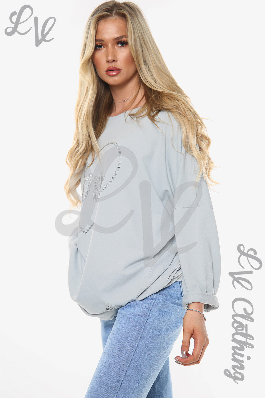 Dames Diamant Liefdeshart Sweatshirt Top Grijs Stukprijs WAS £14.99 NU £7.49